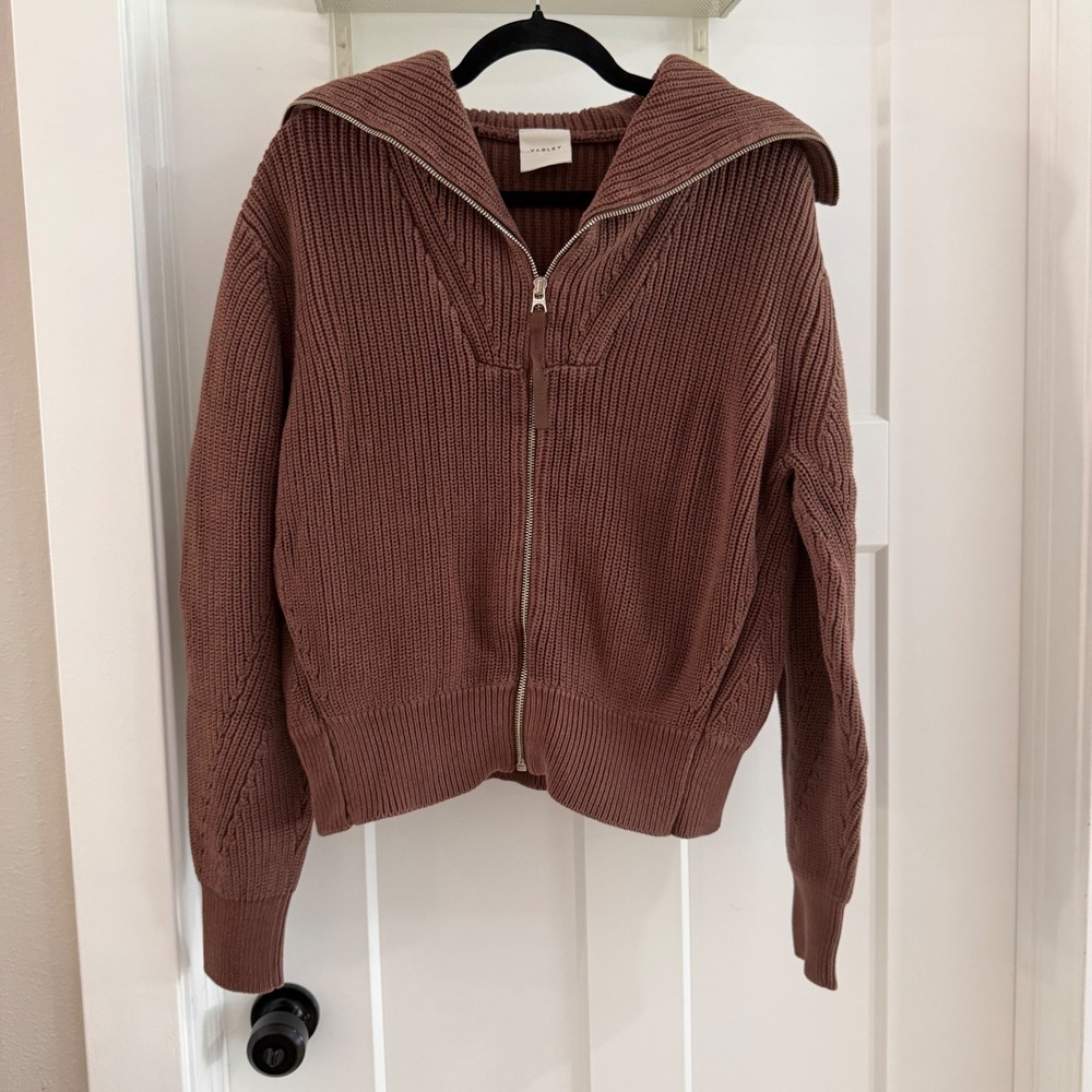 Varley Mayville Knit Jacket Brown Full Zip Sweater Sailor Collar M Athleisure